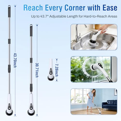 Electric Spin Scrubber, Cordless Cleaning Brush with 8 Replaceable Heads, Five-Speed Power Scrubber with Adjustable Handle for Bathroom, Tub, Floor, Tile & Car – Clean Without Bending