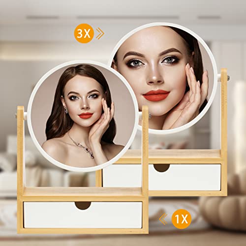 YEAKE Vanity Makeup Mirror with Natural Bamboo Stand, 1X/3X Double Sided Magnifying Mirror with Drawer,Portable Small Table Desk Countertop Mirror, Bathroom Shaving Mirror(Round) - size: 10"L x 7.5"W