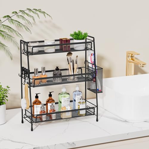 VITVITI 3-Tier Bathroom Organizer Countertop, Metal Wire Mesh Bathroom Counter Organizer Storage with Basket Hooks, Vanity Tray Shelf, Kitchen Spice Rack (Black) - color: 3 Tier Large Black