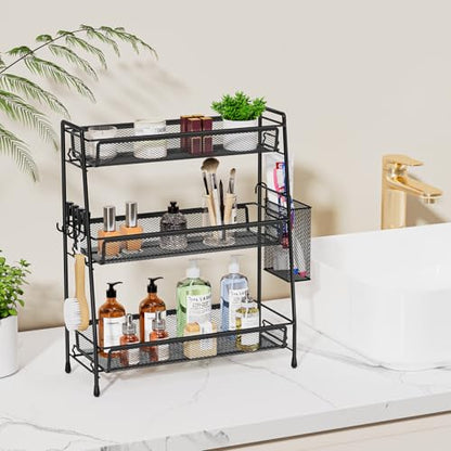 VITVITI 3-Tier Bathroom Organizer Countertop, Metal Wire Mesh Bathroom Counter Organizer Storage with Basket Hooks, Vanity Tray Shelf, Kitchen Spice Rack (Black) - color: 3 Tier Large Black