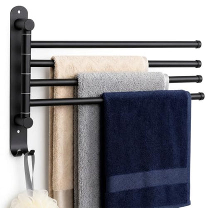 Swivel Towel Rack for Bathroom, 4-Arm 180° Rotating Heavy Duty Towel Bar | Wall Mounted Rustproof Swing Out Towel Holder with Hooks for Space Saving (Matte Black)
