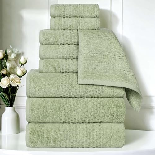 Superior Playa Zero Twist Cotton Medium Weight Towels, for Guest Bath, Bathroom, Shower, Spa, Plush, Quick Dry, Ultra-Soft Towels, Bath Essentials, Waffle Textured, 9 Piece Assorted Towel Set, Green - color: Green, size: 9 Piece Towel Set