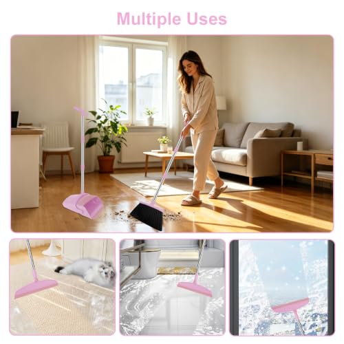 Broom and Dustpan Combo Set, 52" Long Handle with Squeegee & Mini Set | Pink Complete Cleaning Kit, Built-in Comb Dustpan, Floor Squeegee for Wet & Dry Messes, Mini Broom Set，for Home & Pet Areas - color: Pink