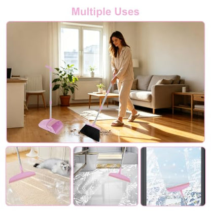 Broom and Dustpan Combo Set, 52" Long Handle with Squeegee & Mini Set | Pink Complete Cleaning Kit, Built-in Comb Dustpan, Floor Squeegee for Wet & Dry Messes, Mini Broom Set，for Home & Pet Areas - color: Pink