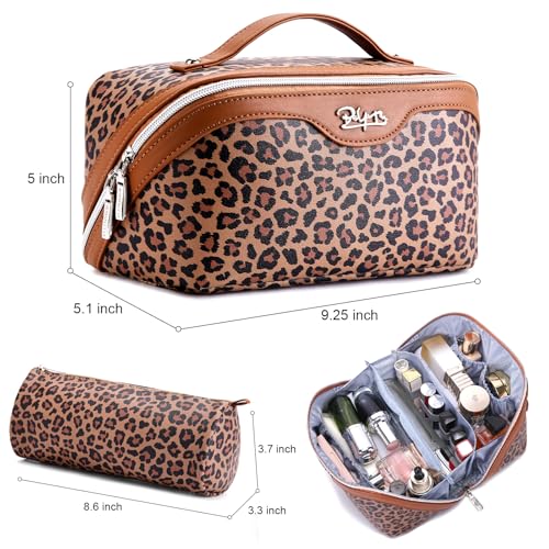 BOYATU Travel Makeup Bag for Women: 3 Pcs Set Portable Make up Bags with Handle - Leopard Print Cosmetic Bags with Comparments - Waterproof Vegan Leather Toiletry Bag (A-1-Brown) - color: 02-A-Brown