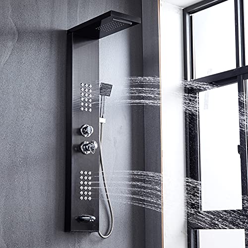 Delavin Multi Fuction Shower Panel, Shower Tower, Rainfall Waterfall Stainless Steel Shower Panel Tower System, Full Body Shower System with Body Jets, Tub Spout, Handheld Shower, Brushed Black | Stainless Steel, Rainfall Waterfall, Body Jets, Tub Spout,