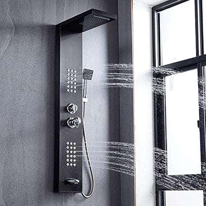 Delavin Multi Fuction Shower Panel, Shower Tower, Rainfall Waterfall Stainless Steel Shower Panel Tower System, Full Body Shower System with Body Jets, Tub Spout, Handheld Shower, Brushed Black | Stainless Steel, Rainfall Waterfall, Body Jets, Tub Spout,