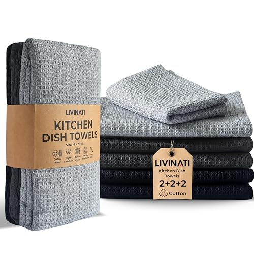 Highly Absorbent Cotton Dish Towels for Drying - Set of 2+2+2 - Light Gray + Dark Gray + Black Kitchen Towels - 18"X28" Lint Free Waffle Weave Cloth Linen Hand Bathroom Bulk Dishtowels - color: Light Gray - Dark Gray - Black, size: 18"x28" Set of 2+2+2