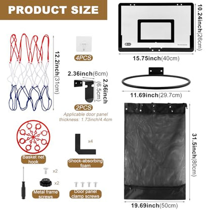 Over the Door Basketball Hamper, 2-in-1 Hanging Dirty Clothes Organizer with Hoop Design, Kids Room Fun Toss Storage Bag, Large Capacity Removable Zip Laundry Bag