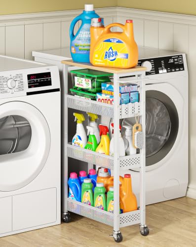 OKZEST Slim Laundry Room Organization Cart with Upgraded Metal Hub Casters | Fits between washer & dryer, 4-Tier space-saving narrow rolling cart, Premium wood top & metal mesh shelf, with handle & hook - color: White, size: 7.1 Inch Wide