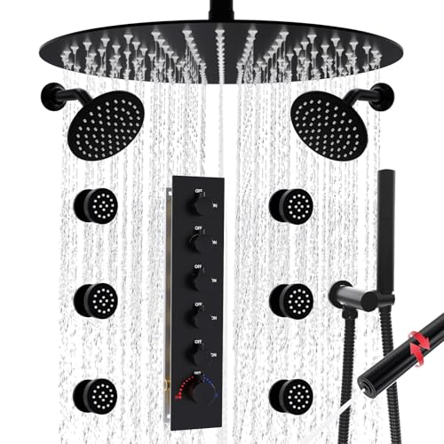 HOMEDEC 16" Round Rain Shower System with Dual 6" Wall Mounted Shower Head, 5 Way Shower Valve with 2-Function Handheld Shower and Body Jets, Black - color: Black, style: 5-Way + 2x 6" Top
