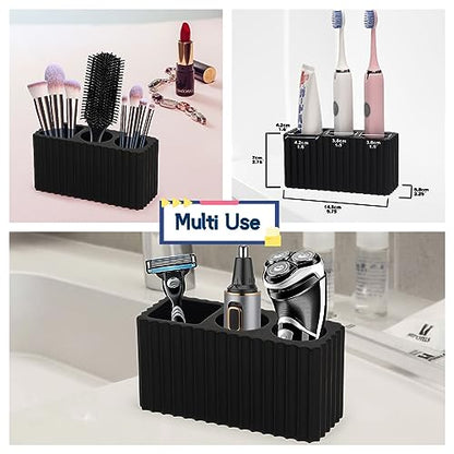 2PCS Bathroom Accessories Set with Large-Opening Ribbed Soap Dispenser and 3 Compartment Toothbrush&Toothpaste Holder,Resin Farmhouse Bathroom Decor Set Countertop Organizer-Matte Black