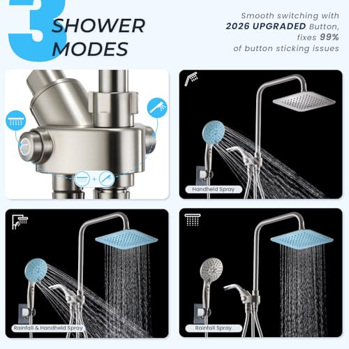 Dual Shower Head Combo, 8'' High Pressure Rain Shower Head with Handheld Spray, 6+1 Spray Settings Handheld Showerhead, Height Adjustable, One-touch Pause Button, Brushed Nickel - color: Brushed Nickel