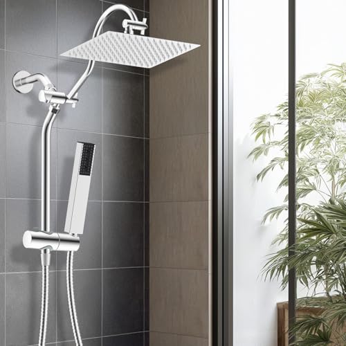 Hibbent 12'' Rainfall Shower Head with 4-mode Handheld Shower Spray, Chrome | cUPC Certified High Pressure Showerhead Combo, 12'' Adjustable Extension Arm, Extension Bar, Easy Reach Holder, 71'' Hose - color: Chrome, style: Square 12''