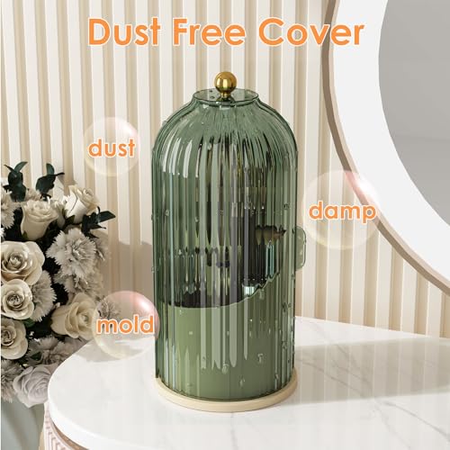 YOOLENS Makeup Brush Holder with Lid 360 Rotating Clear Dustproof Make Up Organizers for Vanity Bathroom Countertop, Green Beige - color: Green/Beige