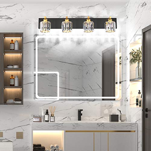 Aipsun Crystal Bathroom Vanity Lighting Black Vanity Light Fixtures Modern Vanity Light for Bathroom 4 Lights(Exclude Bulb) - color: Black Gold (Round), size: 32 inch