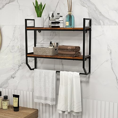 Giantex Wall Mounted Bathroom Shelves with Towel Bar, Industrial 2-Tier Over the Toilet Storage Organizer with Metal Frame, Wooden Wall Shelves, Floating Shelves for Bathroom, Kitchen, Living Room - color: Rustic Brown