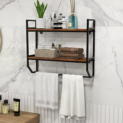 Giantex Wall Mounted Bathroom Shelves with Towel Bar, Industrial 2-Tier Over the Toilet Storage Organizer with Metal Frame, Wooden Wall Shelves, Floating Shelves for Bathroom, Kitchen, Living Room - color: Rustic Brown