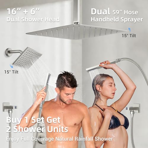 Thermostatic Dual Rianfall Shower System with 6+16-Inch Shower Heads, Brushed Nickel Ceiling Mount Full Body Rain Shower Faucet Set with Double High Pressure HandHeld Sprayer for 2-Person - color: Brushed Nickel