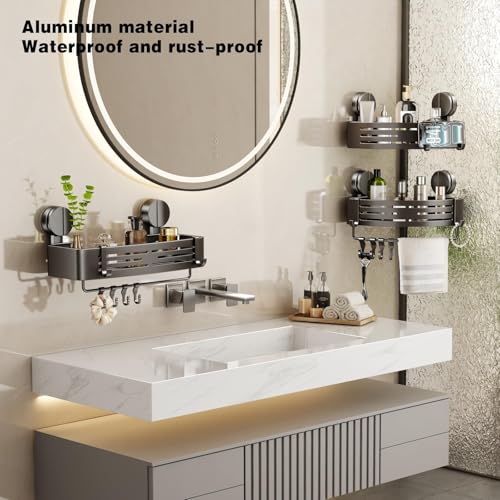 Shower Caddy Suction Shower Shelf No Drilling Shower Organizer Suction Cup Shower Storage Rack Aluminum Wall Mounted Shampoo Holder with Towel Bar Hooks (1-Pack, Matte Gray)