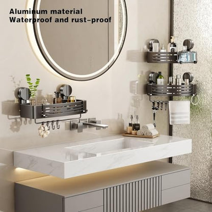Shower Caddy Suction Shower Shelf No Drilling Shower Organizer Suction Cup Shower Storage Rack Aluminum Wall Mounted Shampoo Holder with Towel Bar Hooks (1-Pack, Matte Gray)
