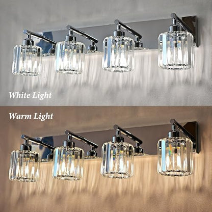 Brushed Chrome Crystal Bathroom Vanity Light, 4-Light Modern Bathroom Lighting Fixtures Over Mirror,Chrome Wall Sconce Light Fixtures with Round Shade - color: Chrome-Round Shade, size: 4-LIGHT
