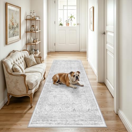 3x6 Rug Runner Washable Entryway: Non Slip Soft Kitchen Area Rug, Low Pile Vintage Farmhouse Floor Door Mat for Bathroom, Neutral Indoor Carpet for Hallway Bedroom (Grey/Ivory 3'x6') - color: Grey, size: 3' x 6' (Rectangular)