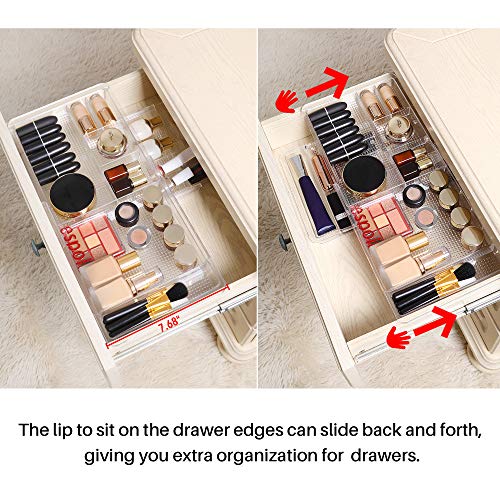 Oubonun Expandable Drawer Organizer 11.1” to 19.2” Width, Shallow Cosmetic Organizer 1.3” Height, 2 Packs, Clear Plastic Storage Trays for Dressing Table,Bathroom - style: Shallow 2 Packs