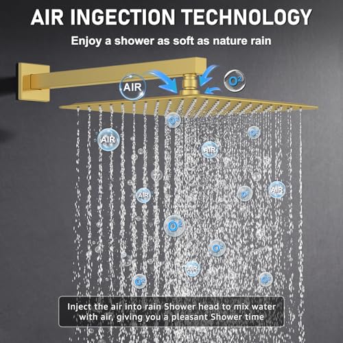 Iriber Brushed Gold Rain Shower System with 12 Inch Shower Head and Handheld shower Bathroom Wall Mounted Golden Shower Set Contain Shower Faucet Mixer Valve and Trim Kit (Valve Cartridge Included) - color: Brushed Gold 05