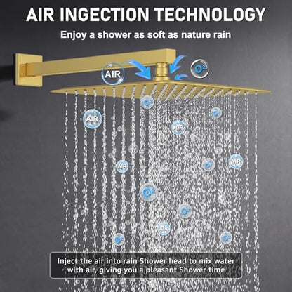 Iriber Brushed Gold Rain Shower System with 12 Inch Shower Head and Handheld shower Bathroom Wall Mounted Golden Shower Set Contain Shower Faucet Mixer Valve and Trim Kit (Valve Cartridge Included) - color: Brushed Gold 05