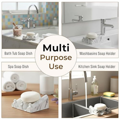 DOXOLOGY White Marble Soap Dish Bathroom Organizer - Resin Soap Dish with Rectangular Design 3.7" L x 2.8" W - Self Draining Soap Dishes Keeps Countertop Neat - Marble Look Soap Tray for Sink