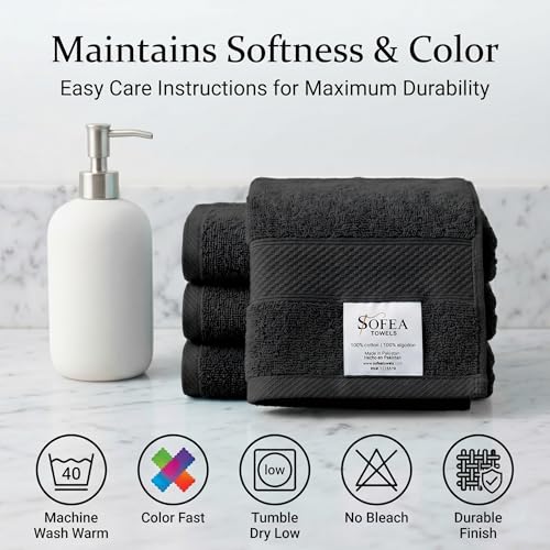 Sofea 100% Cotton Washcloths Set of 12, (12 x 12 Inch) 520 GSM Wash Cloths, Extra Soft Absorbent Quick Dry Face Towels - color: Black