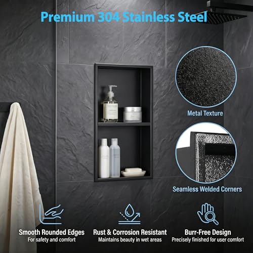 304 Stainless Steel Shower Niche 12” x 24” for Bathroom Storage | Matte Black Recessed Shower Niche No Tile Needed with 2-Tier Shelves for Bathroom Space Saving - size: 12 x 24 inch