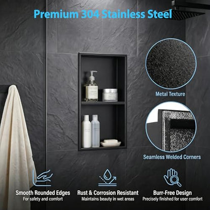 304 Stainless Steel Shower Niche 12” x 24” for Bathroom Storage | Matte Black Recessed Shower Niche No Tile Needed with 2-Tier Shelves for Bathroom Space Saving - size: 12 x 24 inch