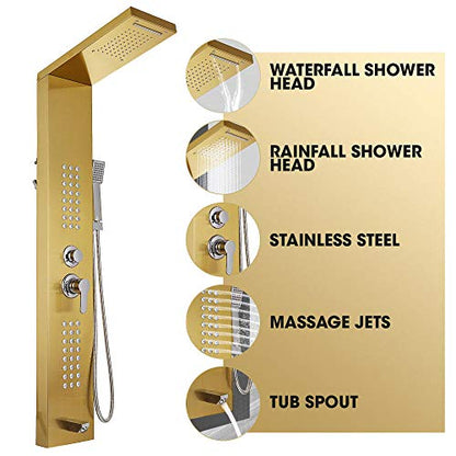 Rainfall Shower Panel Tower Stainless Steel Multi-Function Shower Panel System with Body Massage Jets Tub Resort