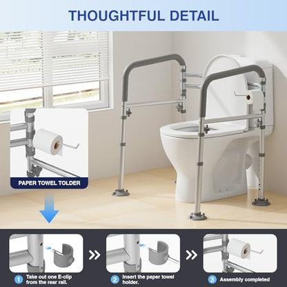 Foldable Toilet Safety Rails for Seniors, Height & Width Adjustable | Safety Frame & Toilet Handles for Elderly & Disabled, Fits Most Toilets, 350lb Capacity, Gray - color: Gray