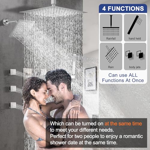 Thermostatic Shower System Dual Shower Heads with 16" Ceiling Mounted Rain Shower Head & 6" Wall Mounted Head 4 Function Shower System with body jets Can All Run Together, Brushed Nickel - color: Brushed Nickel, style: 16 inch +6 jets