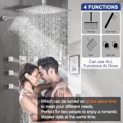 Thermostatic Shower System Dual Shower Heads with 16" Ceiling Mounted Rain Shower Head & 6" Wall Mounted Head 4 Function Shower System with body jets Can All Run Together, Brushed Nickel - color: Brushed Nickel, style: 16 inch +6 jets