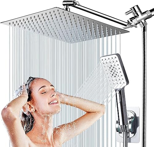 rain shower head with handheld spray,10''High Pressure Rainfall Shower Head / 3 Setting Handheld Shower head Combo with 11'' Extension Arm and 78" Extra Long Hose/Square Rain shower head(Chrome) - color: Chrome, size: 10'' Showerhead Set