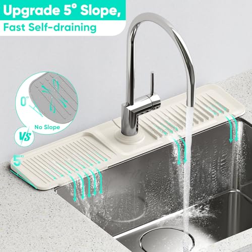 24'' Faucet Mat for Kitchen Sink [5°Slope Fast Self-draining] Faucet Mat Kitchen Sink Splash Guard Silicone Sink Faucet Mat Splash Guard Kitchen Sink Area Tidy Splash Faucet Guard Draining Mat-Beige - color: Beige, size: 24" x 5.5"