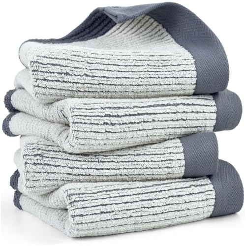 Cleanbear Hand Towels with Textured Lines, 4-Pack, Gray, 28 x 13 Inches | Stylish Cotton Hand Towels for Bathroom Guests Kitchen, Soft Absorbent and Quick Dry Towels - color: Gray