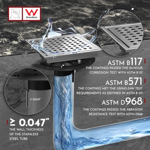 6 Inch Square Shower Floor Drain with Flange,Quadrato Pattern Grate Removable,Food-Grade SUS 304 Stainless Steel,Watermark&CUPC Certified,Brushed - color: Brushed, size: 6 Inch