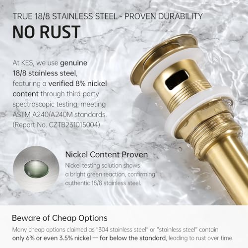 KES Vessel Sink Drain Pop Up Drain with Overflow Bathroom Stopper Assembly Brushed Gold for 1.6"-1.9" Sink Hole, All Metal Rustproof Brass and 304 Stainless Steel, S2008A-BZ | Brass and 304 Stainless Steel, Vanity Bathroom Stopper Assembly, Bathroom Use,
