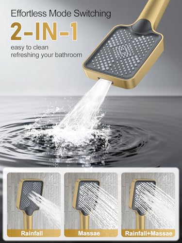 Woindo Shower Faucet Set, 10" Ceiling Mount Rainfall Shower System with 2 Rain Shower Head and Multi-function Handheld Head Push Button Diverter Shower Faucet Trim Kit - color: Brushed Gold, style: 10"-Ceiling-01
