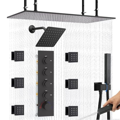 Dual Shower Heads System 16"x32" Ceiling Mount Rainfall and 6" Wall Mounted Shower Heads with 6 body Jets Thermostatic Shower Valve Full Body Shower System,Matte Black - color: Matte Black