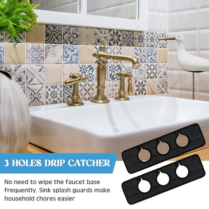 Teenyyou 2 Pcs Faucet Mat for Kitchen Sink Splash Guard for Kitchen Sink Faucet Dish Drying Mat for Bathroom Sponge Holder(Black,3 Round Holes) - color: Black