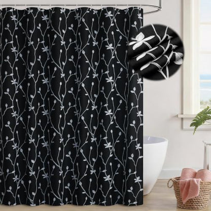 Embroidered Leaf Farmhouse Shower Curtain,Faux Linen,72Wx72L,Black | Boho Modern Shower Curtain Set, Washable & Waterproof Fabric, Floral Shower Curtains for Bathroom with Hooks - color: Black