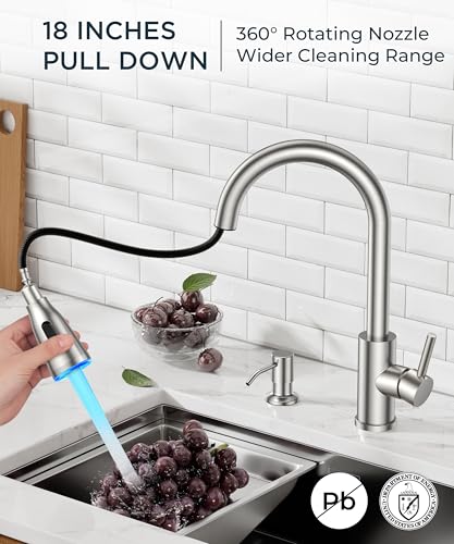 FORIOUS LED Kitchen Faucet with Soap Dispenser, Pull Down Sprayer, Brushed | Stainless Steel Single Handle, Transitional Bar Sink Faucet with LED Light Sprayer, Suitable for Outdoor Rv Laundry Camper - color: Stainless Steel, style: Transitional