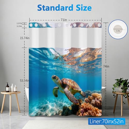 No Hook Shower Curtain with Snap in Liner, Ocean Themed Turtle Shower Curtain with Mesh Top Window and Weighted Hem, 71x74 Inches Double-layer Waterproof Fabric Shower Curtain and Button Liner Set - color: Sea Turtle