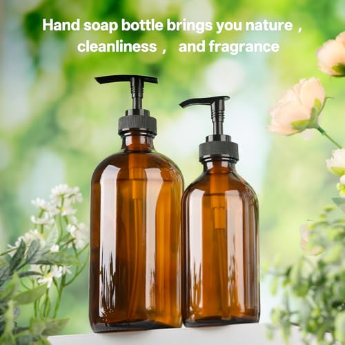 Vitreaux 16oz Amber Glass Soap Dispenser, 2 Pack Refillable Hand Soap Dispenser with Leak-Proof Pump, Brown Glass Bottle for Dish Soap, Lotion, Shampoo, Conditioner, Body Wash